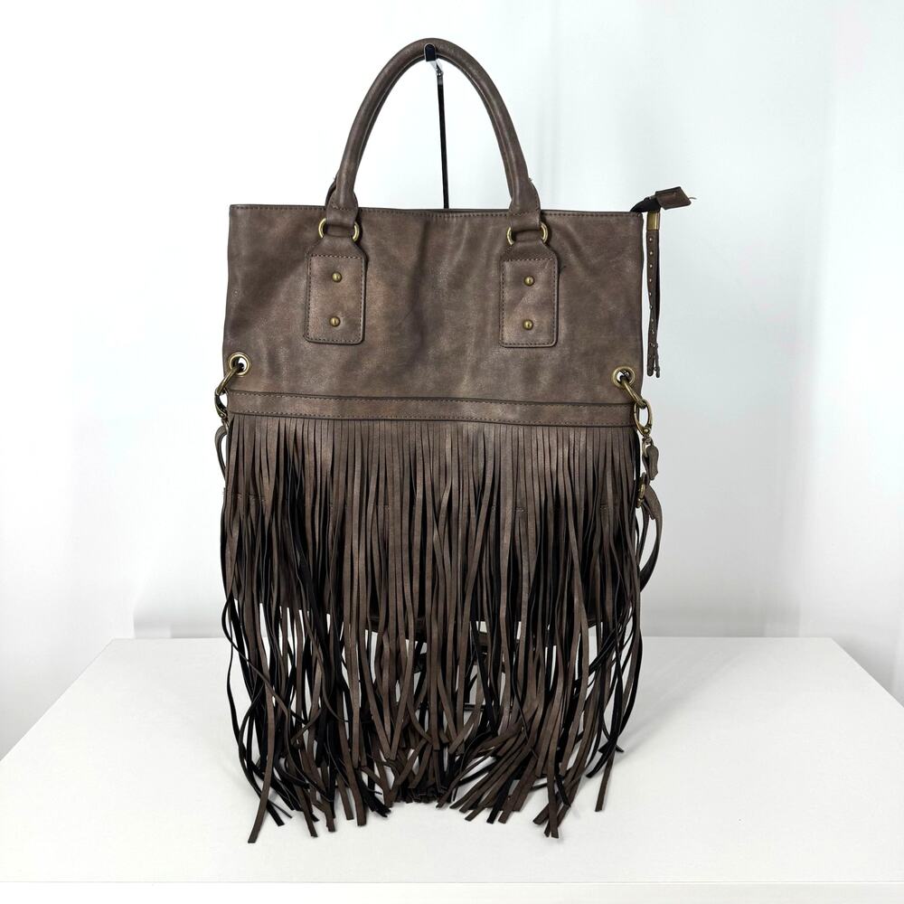 Mossimo Faux Leather Fringe Slouchy Bag Purse Brown Western Cowgirl Boho Rodeo